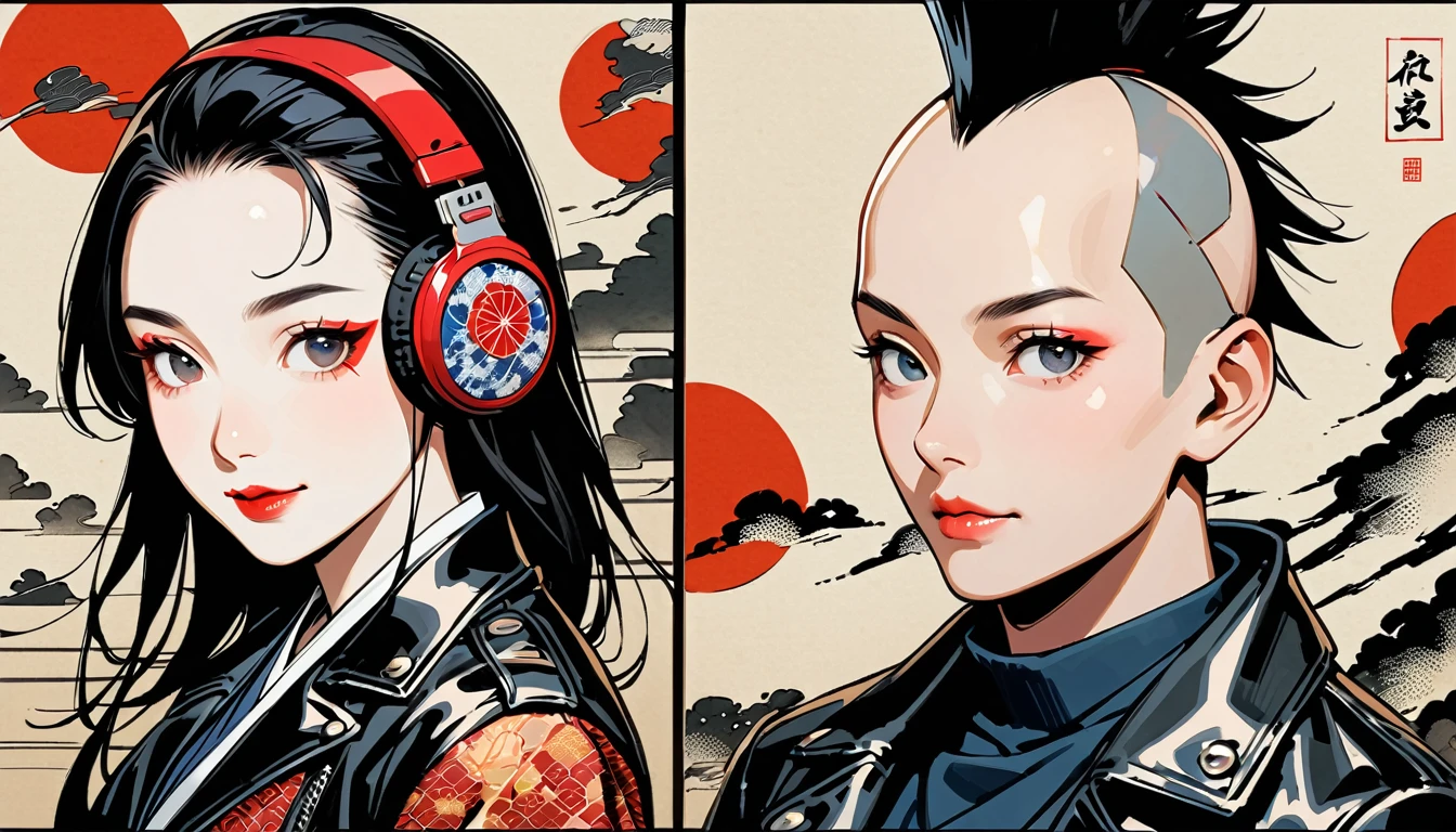 (((Ink Painting))), (((from above))), (((1 female))), (((Leather jacket with Japanese patterns))), (((Mohawk))), (((Very flashy makeup))), Japanese style headphones, devil, face close-up, front view, Japan人の美少女, Black Hair, Delicate and precise, Modern ukiyo-e style,Japan, Droopy eyes, round face, smile, Fuller lips, Red and Blue