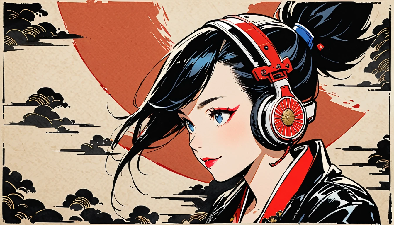 (((Ink Painting))), (((from above))), (((1 female))), (((Leather jacket with Japanese patterns))), (((Mohawk))), (((Very flashy makeup))), Japanese style headphones, devil, face close-up, front view, Japan人の美少女, Black Hair, Delicate and precise, Modern ukiyo-e style,Japan, Droopy eyes, round face, smile, Fuller lips, Red and Blue