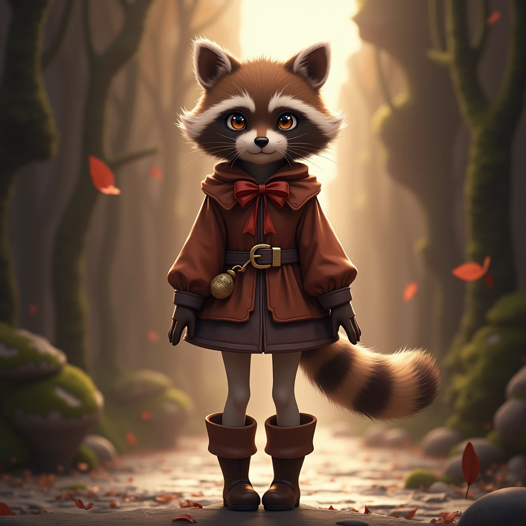 a raph, raccoon ears, raccoon girl, animal ears, by the wide, Brown hair, raccoon cola, cola, gloves, brown gloves, belt, thigh high boots, thighs, The Great Passage, Red ribbon, masterpiece, Best Quality, Alone, cinematic lighting, looking at the viewer, Whole body