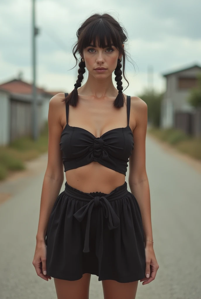 no bra, realistic body shot photo of a swedish brunette woman standing in front of the camera wearing a ((wide gathered waist mini dress)), bangs short braids hair. (Open legs pose:1.9), slim thighs, space between legs. It's cloudy and hot. glamour photoshoot, street, perfect slim figure, beautiful face, perfect anatomy, fit arms and shoulders, looking into the camera, (standing in front of the camera:1.2), (facing the camera:1.5), strong woman. (round hips:1.2), (skinny hips:1.3), 40 yo woman. (Eye makeup:1.1), (highly detailed skin:1.1), RAW, analog style, sharp focus, 8k UHD, DSLR, high quality, Fujifilm XT3, grain, award winning, masterpiece.