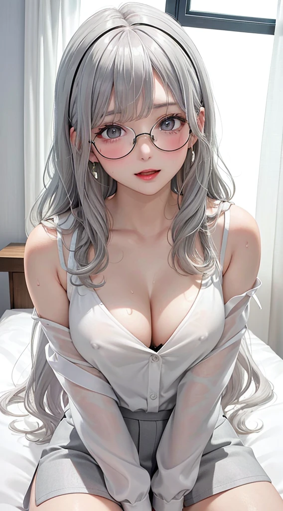 1Girl, 2, Solo, Anime, Ideal body, (Cleavage, Small breast, Hard Nipple). Beautiful, Gorgeous, Fresh, Blunt Bangs, (White Grey Hair:1.5),(Straight and Wavy Long Hair:1.3), colorful, suit, formal shirt, formal dress, white push up bra, cream bra, black bra, casual skirt, camisol, cotton texture, laced, casual pants, Off-Shoulder, Oversize, Comfort, Loose shirt, Fabric Texture. (Sit on bed:1.3). Earrings, Thin Black Headband, Eye Glasses, Green Accessories, Environmental Details, Bed Room, Natural Light, Modern Bed, Chair, Window, White Curtain, City View. pov, anime style, UHD, retina, masterpiece, accurate, anatomically correct, textured skin. High Resolution, Looking at viewer, Blush, Best Quality, Award Winning, Accurate, Embarrassed, seductive smile, naught smile, horny, sweating, Naughty Face, Chin up, lips open, Gradient Eye Color, Sexy Pose. Top view shot, body bent to viewer ,front of camera, looking up to viewer, tongue out, open mouth. From Above, Close-Up, (sticky goo on breast), (white goo on body), (sweating). Milk, white milk on breast. Hand correct, arm correct. 2 hand, 2 arm.