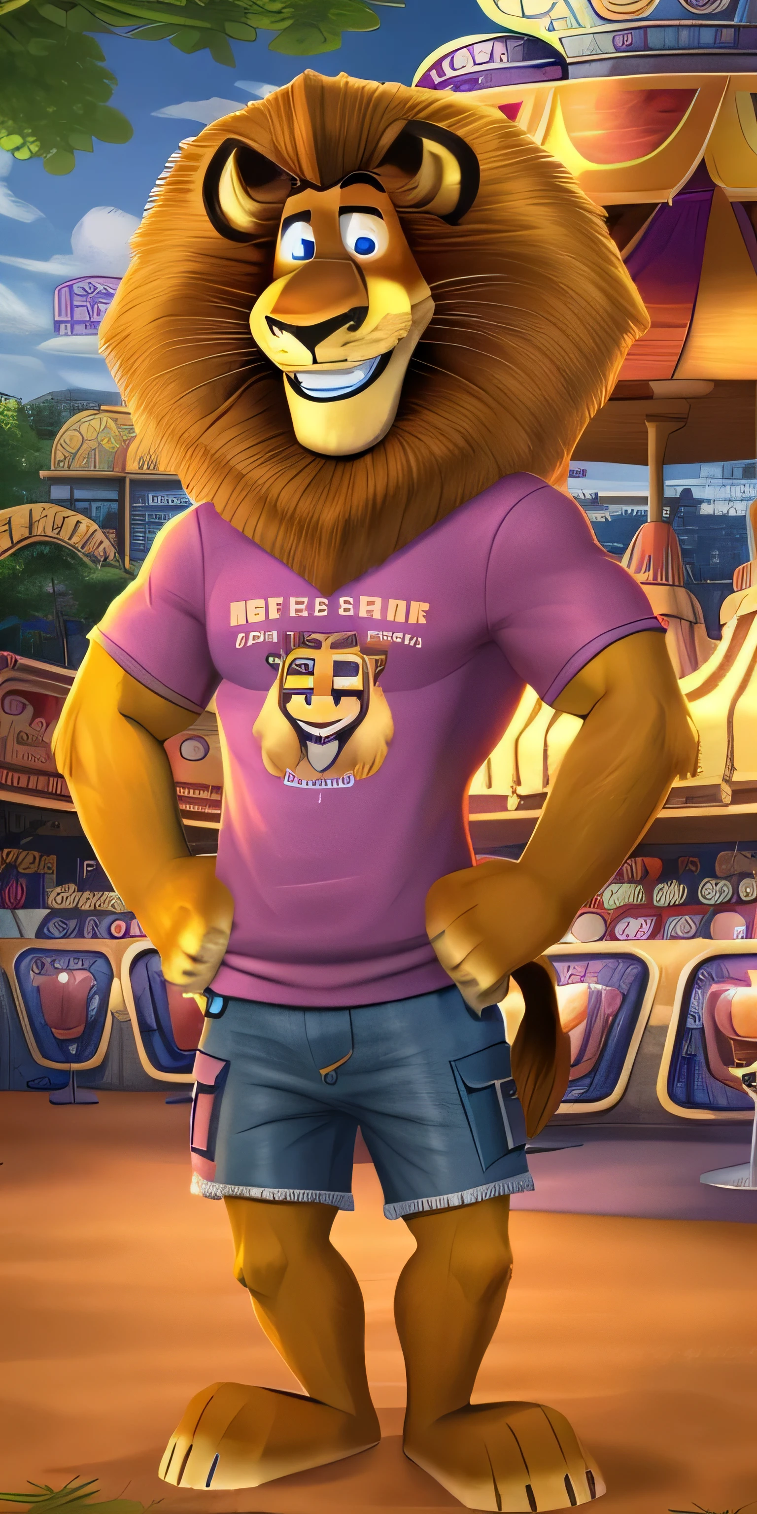 Alex the Lion, muscular body, extremely beautiful and cute face, perfectly detailed blue eyes with perfectly detailed pupils, purple sweatshirt, denim cargo shorts, bare feet, amusement park background, selfie, cute smile