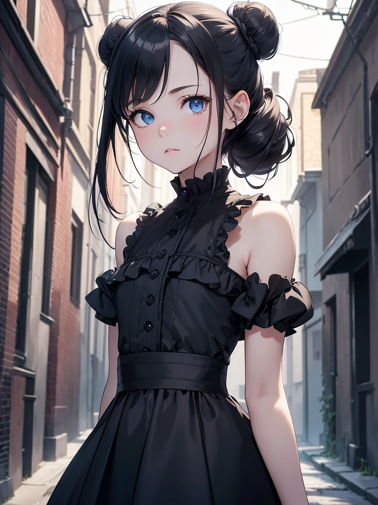 (8K, Best Quality, Masterpiece, Ultra High Resolution) Single Person, 1 Girl, Young, Child, Cute Eyes, Face Details, Pale Skin, Slender, Short, Flat Chest, Dark Black Hair, Long Hair, Double Hair Buns, Blue Eyes, Hair Bow, Dark Alleyway, Best Quality, Upper Body, Looking at the Viewer, Facing Viewer, Close Up