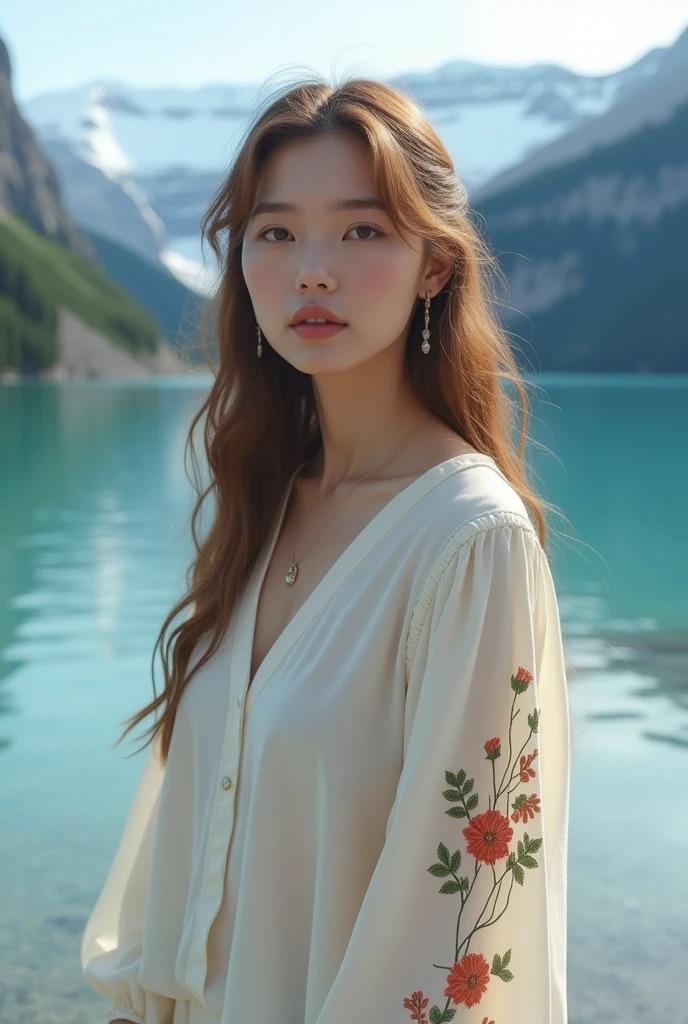 A serene and soft portrait of a young woman, full body, with long, wavy, light brown hair. natural big breast. She is facing straight, gazing off into the distance with a calm and thoughtful expression. The lighting is natural and soft, creating a gentle glow on her face. She is wearing a light-colored, loose-fitting blouse with floral embroidery on the sleeves . wear white sandals. The background is blue lake ice mountain on top, with a cool, muted color palette, adding to the peaceful and contemplative mood of the scene.
