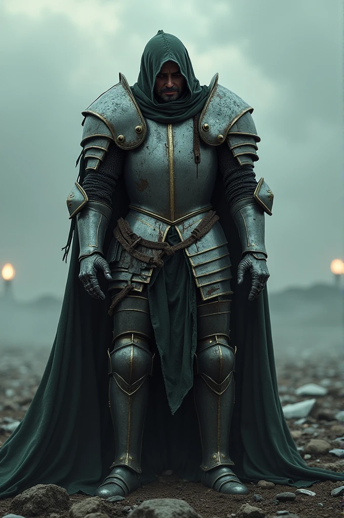 Make a knight with his armor completely broken and crying