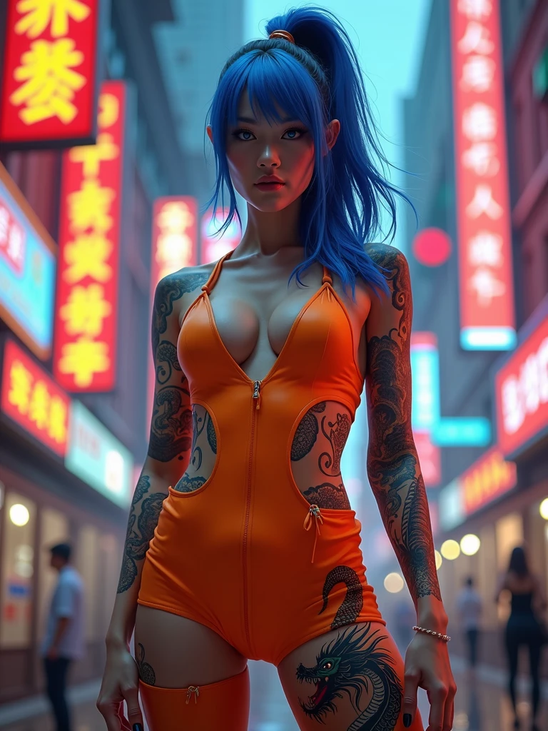 A captivating fashion photograph featuring a confident woman with vibrant blue hair styled in a high ponytail. She wears a form-fitting orange outfit with a plunging neckline and a form-fitting design that highlights her confident stance. Her body is adorned with intricate tattoos, with a dramatic dragon design prominently featured on her right thigh. The neon city environment surrounding her is filled with Asian script signs, creating a futuristic and vibrant atmosphere. The woman’s powerful presence commands the attention of everyone who watches this breathtaking scene.