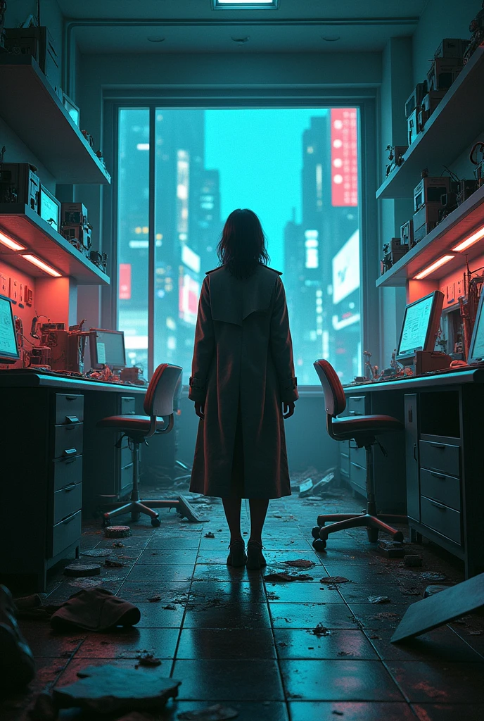 A sleek, dimly lit lab filled with shattered glass, overturned tables, and flickering screens. The neon glow from the city outside filters through large windows, casting eerie, colorful shadows across the room. In the center of the chaos, a detective with a determined expression, wearing a futuristic trench coat, examines the scene.