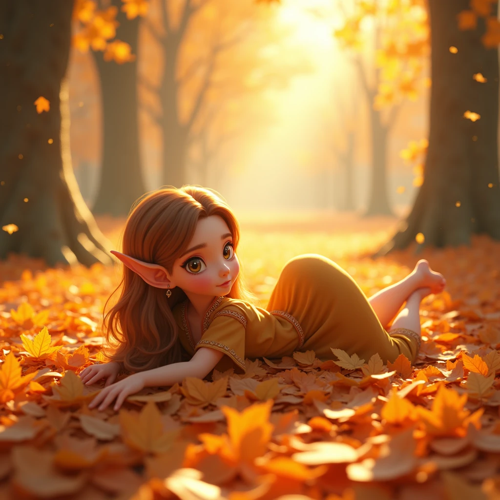 A captivating and vibrant 8K illustration of a slender
The elf, lying on the ground, creates with her limbs the silhouette of an angel with the leaves on the ground. beautiful autumn forest. Her large bright honey-colored eyes shine with curiosity, while her chestnut-colored traditional clothing is adorned with intricate patterns. The forest is filled with a cascade of falling orange leaves, creating a warm and comforting atmosphere. Sunlight filters through the trees, casting a golden glow and highlighting the elf's delicate features. The overall scene is a magical combination of orange and gold tones, transporting the viewer to a conceptual and whimsical world. Illustration, concept art, 3D rendering, vibrant.