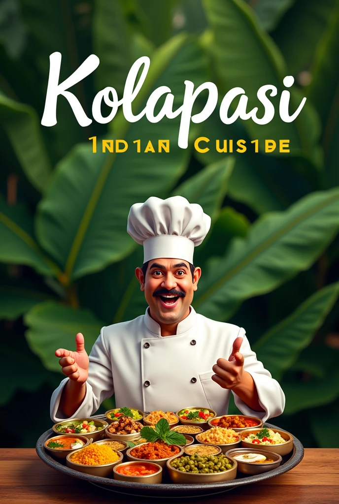Calssy Banana leaf background with chef meme and with restaurant name kolapasi indian cuisine and thali plate and items