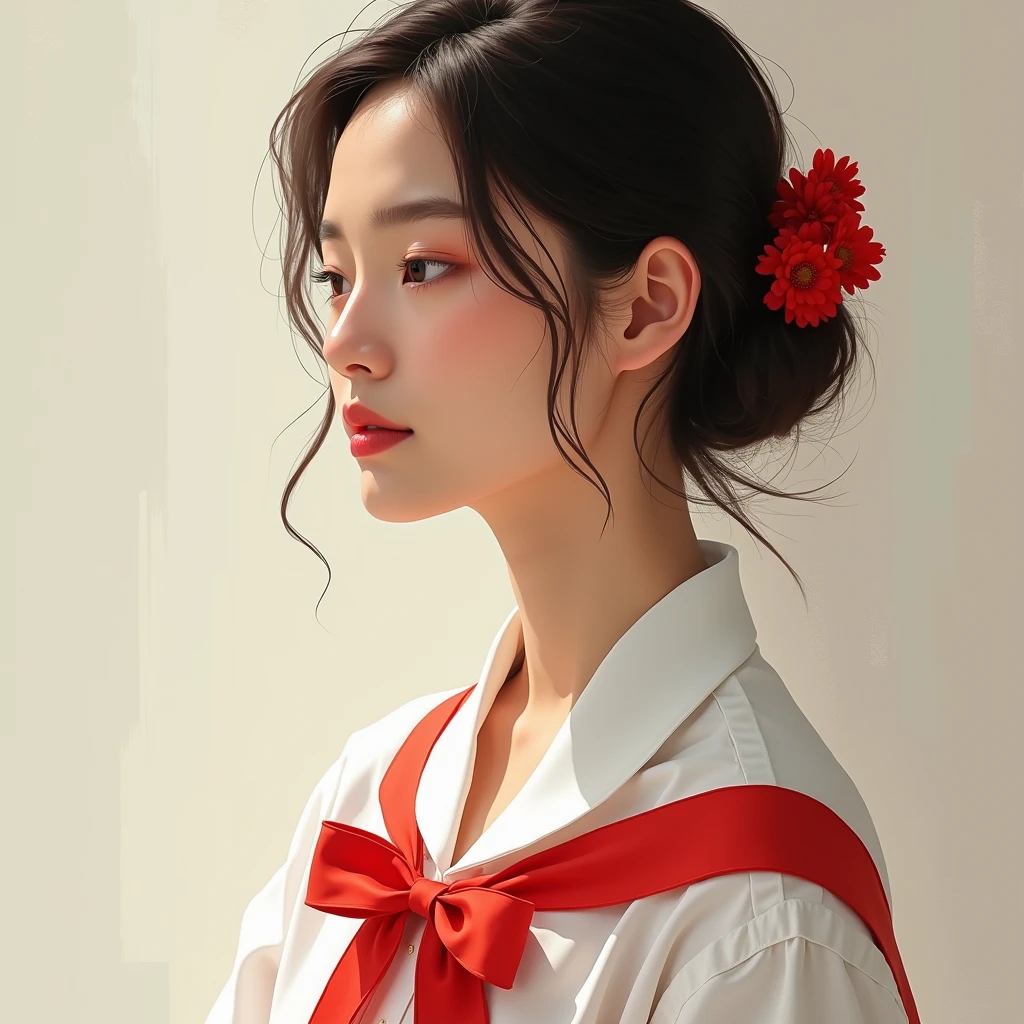 there is a woman in a white shirt with a Red ribbon on her chest, Nivanh Chanthara, white ribbon, profile photo 1024px, only with red, Thawan Duchanee, Red ribbon, wonderful masterpiece, jia, 18 years, White Red, peaceful, July Ban, sakimi-chan, wearing director's uniform