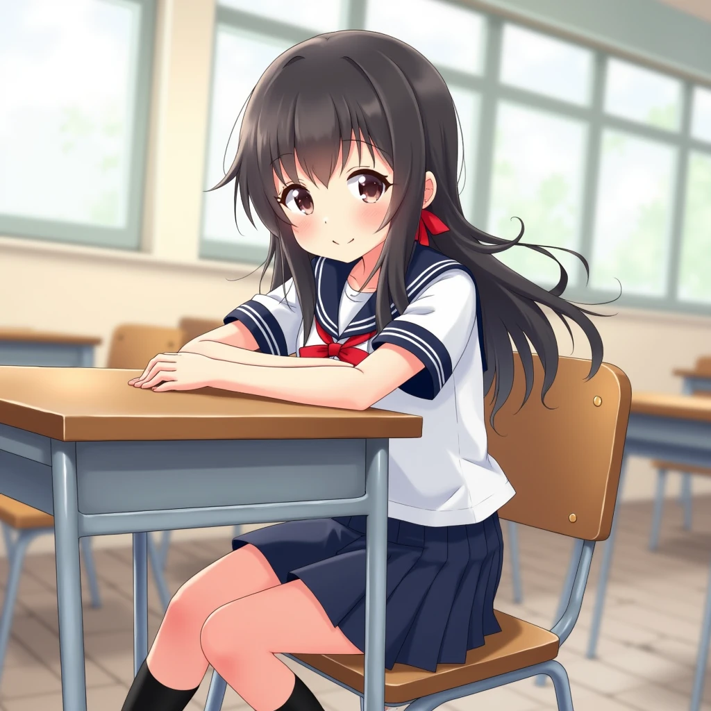 anime style. 1girl sits backward, her arms over the back of her chair. yo. smiling.
She is wearing a white serafuku with short sleeves and a navy-blue sailor collar with a blue ribbon.
She wears a navy-blue skirt.
black high socks.
She is wearing Uwabaki.
Her hairstyle is a low-twintails with a red ribbon. Very long black hair. small breasts. dark brown eye.
Reverse facing school chair.
classroom. indoors. school chair. school desk.
From front. upper body.
day. summer.