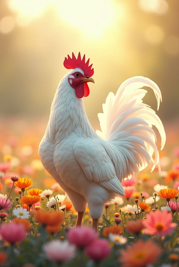 Beautiful cute white cockerel, feminine gender, stands tall , against the backdrop of a flower field