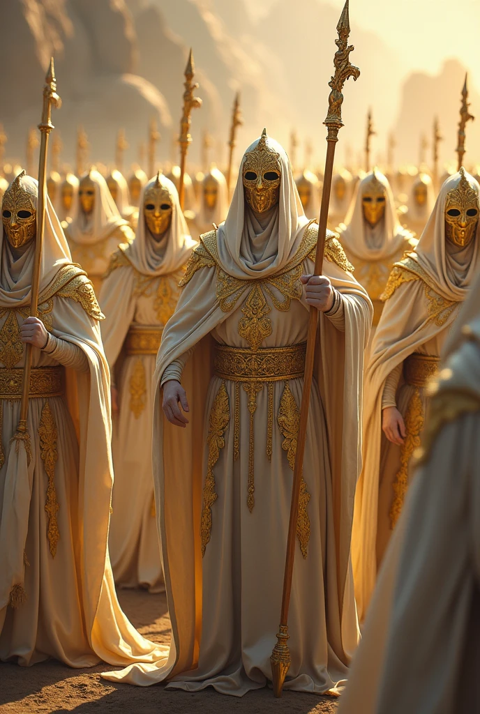 Imperial Army, thousands of war mages, Their armor is tunics adorned with (White color with golden tones.). Instill fear, They all have staffs and hoods, They have golden masks.