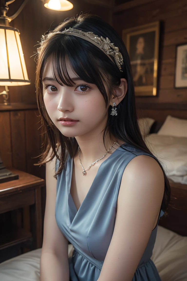 (Highest quality:1.4)，(masterpiece:1.4)，(Realistic:1.4)，(Realistic:1.2)，(超High resolution， RAW Photos:1.4)，(High resolution， Ultra-detailed:1.2)，(8k:1.2)，View your viewers，Cinematic photography，One person，skeletally correct，Black-haired woman，Woman in her early 20s，(Small earrings，necklace，Grey３Tiered dress)，（Western-style building interior，Dimly lit room，The lamplight shines on my cheeks，kneel）