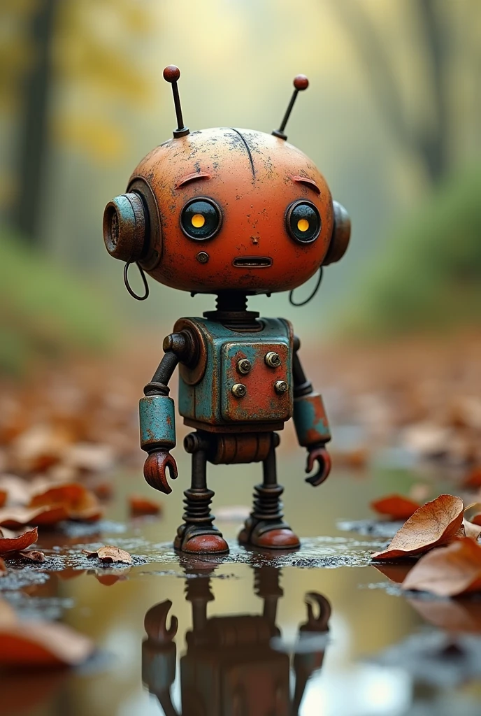 Style and type: The image is a high-resolution digital artwork. Layout: The subject is centered in the frame, standing on a wet, reflective surface surrounded by fallen leaves. Subject: The subject is a small, humanoid robot with a round, weathered red gold head featuring two large, round eyes and a small mouth, giving it an expressive appearance. The robot has a rusted, mechanical body with various exposed wires and components, painted in a mix of blue, red, and brown hues. It has two antennas on its head and is standing in a puddle, with its reflection visible in the water. The background is blurred, suggesting an outdoor, natural setting.