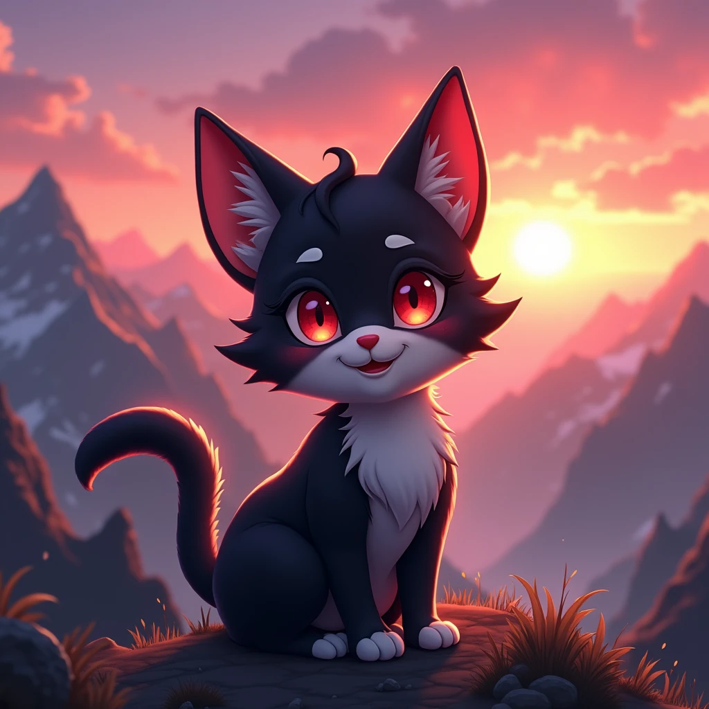 1 chico, shiny dark black hair, Red eyes, big, pointed cat ears, cat's tail, looking at the viewer while smiling, mountainous setting, sunrise, 4k resolution