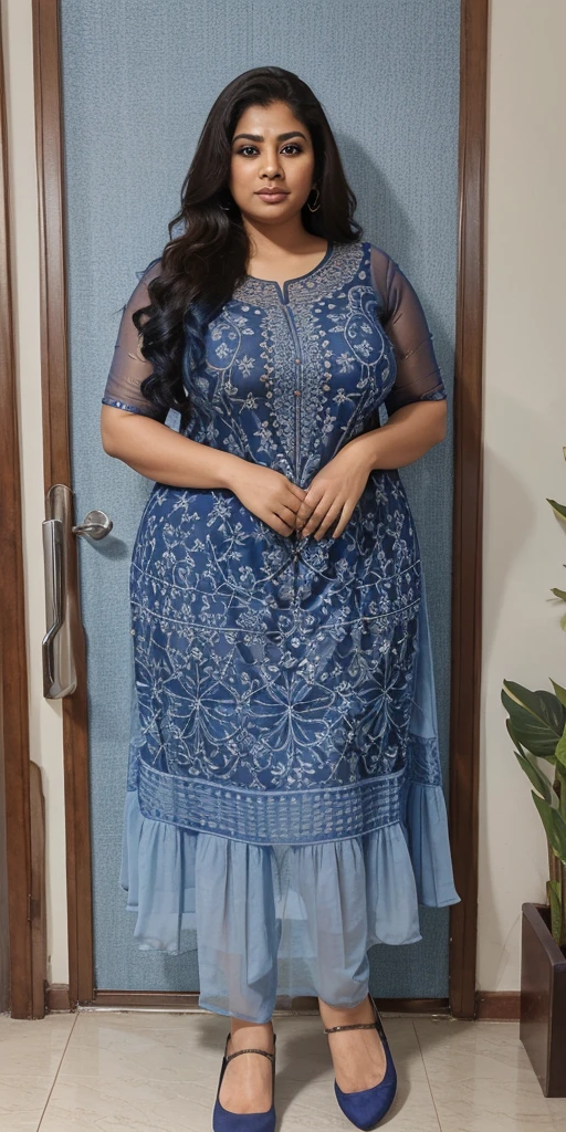 Day scene, A radiant, full-figured South Indian 3 aunty a navy blue colour chiffon fully transparent kurta, bra visible through kurta, ,standing, in a office captured in a full-body image with vibrant hues and meticulous details. Full body image