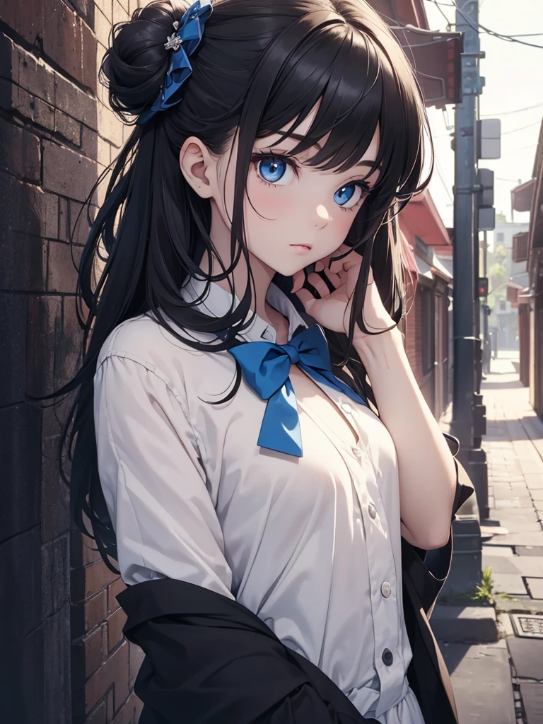 (8K, Best Quality, Masterpiece, Ultra High Resolution) Single Person, 1 Girl, Young, Child, Cute Eyes, Face Details, Pale Skin, Slender, Short, Flat Chest, Dark Black Hair, Long Hair, Hair Buns, Blue Eyes, Hair Bow, Dark Alleyway, Best Quality, Upper Body, Looking at the Viewer, Facing Viewer, Close Up