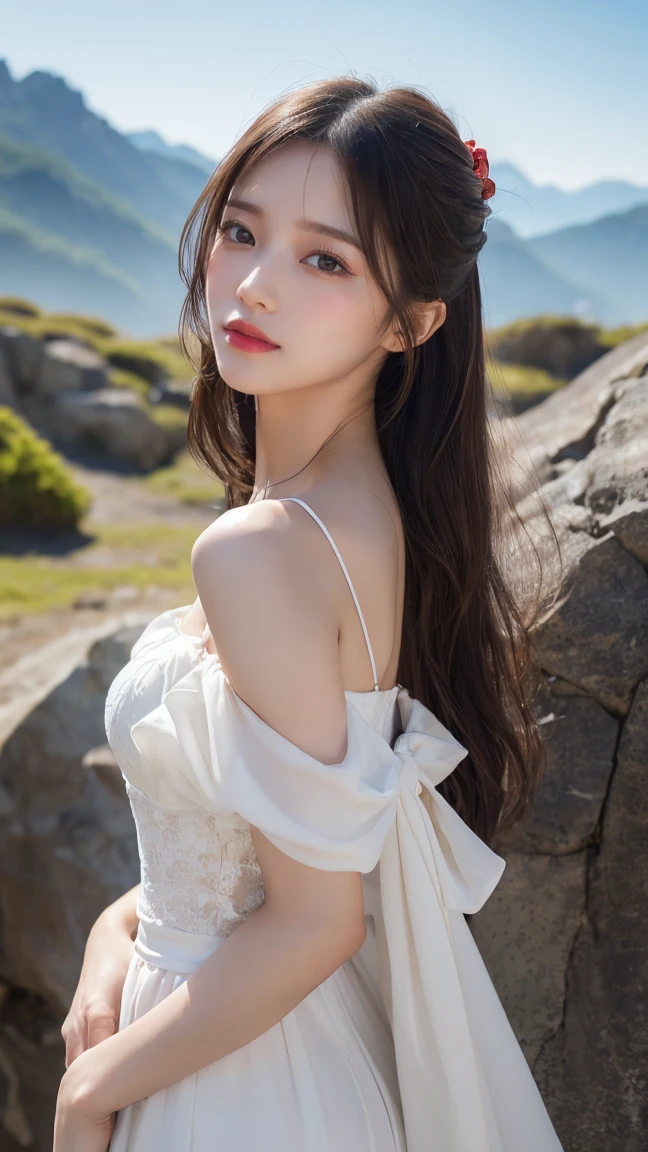 hanfu-song, hanfu, Song Theme, Bandeau style, Pipe top, ((bare shoulders)), ((whole body)), actual, Fashion girl, red lips, adult, cosmetics, big eyes, fair eyes, ((whole body)), ((from below)), (best quality, masterpiece:1.2), super detailed, (actual:1.37), ((Sexy long legs)), fair, young and energetic, Charming model with (exquisite eyes, delicate lips, extremely exquisite eyes), Show a bright smile, Create stunning girl images, Warm colors, Extremely high color saturation, official art, Extremely detailed CG unified 8K wallpaper,(high dynamic range :1.4), (cinematic),(pastel colors, The color is dull, soothing tone :1.3), (natural skin texture, ultra-actual, soft light, sharp),(Very detailed), night, moonlight, ((in mountains, plant, Leaning against the rocks))
