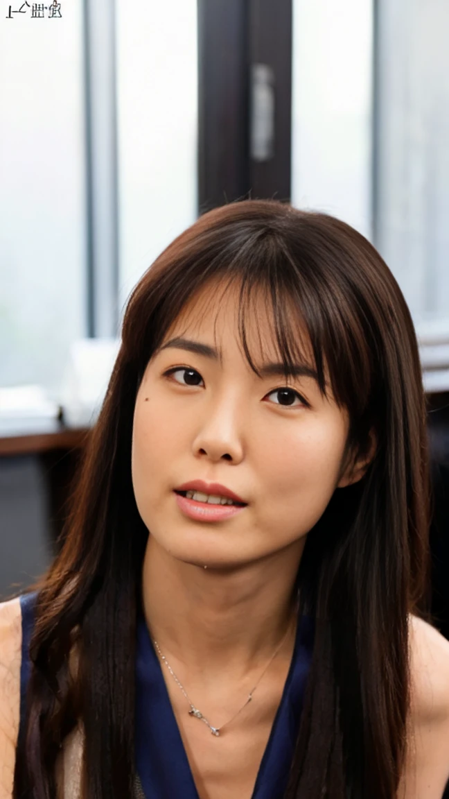 (top-quality, 16K, ​masterpiece:1.3), (ultra detailed), (masterpiece), (best quality), Highest quality, Realistic, Surreal, Highest quality, Extremely detailed CG, Very delicate, 16K wallpaper, High resolution, A woman in a management position at a prestigious company,  38歳, beautiful woman, ((Silky hair:1.2)), (beautiful short hair:1.2), BREAK ((upper body:1.5)), ((look into the viewer's eyes:1.5)), ((looking at viewer:1.5)), ((Front view:1.5)), ((from front:1.5)), BREAK ((thin lips:1.5)), ((orgasm:1.5)), ((???????:1.5)), ((mole under eye:1.5)), ((UNTITLED business suit:1.2)), ((Very simple necklace)), With a large window Japanese office, ((Working at desk:1.5)), Japanese, slender body, very detailed, detailed fingers, detailed hands, detailed eyes, detailed legs, accurate and perfect human ???????, real human skin,
