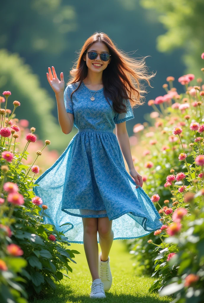 japanese girl,25 yo, waving brown long hair,BLUE patterns dress,white snakers,sunglass oakley,garden with flower ,HD
