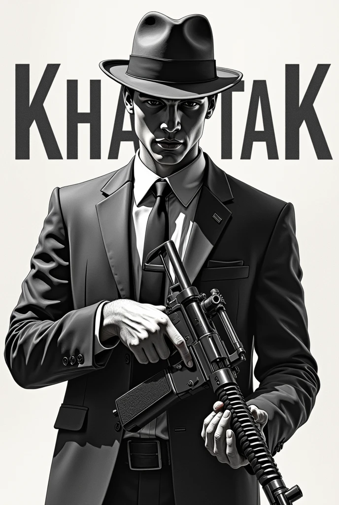 Create a sketch of a young mafia boy with a stylish yet intimidating look. The boy should be dressed in a sharp suit and a fedora hat, exuding a confident demeanor. He should be holding a machine gun with a firm grip. In the center of the image, write the name "Khattak" in large, clear, and bold letters, ensuring it is easily readable and stands out prominently. Make sure the name is the focal point and integrates well with the overall theme of the sketch.



