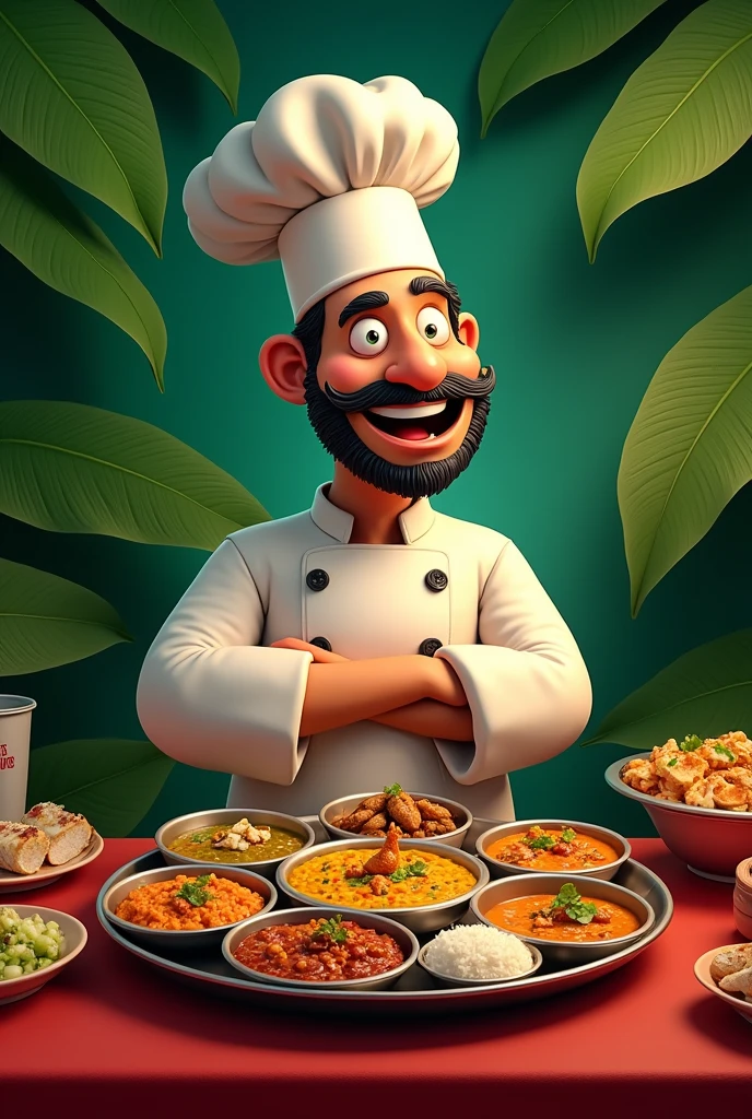Calssy Banana leaf background with chef meme and with restaurant name kolapasi indian cuisine and thali plate and items