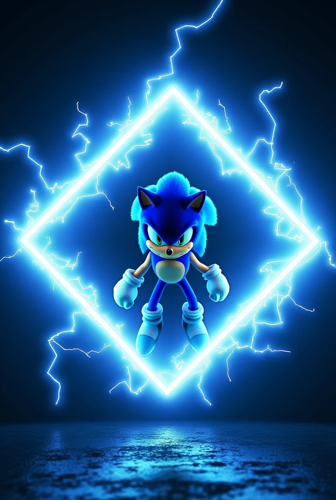 Sonic coming out of a rhombus ring of blue electric rays, Black background