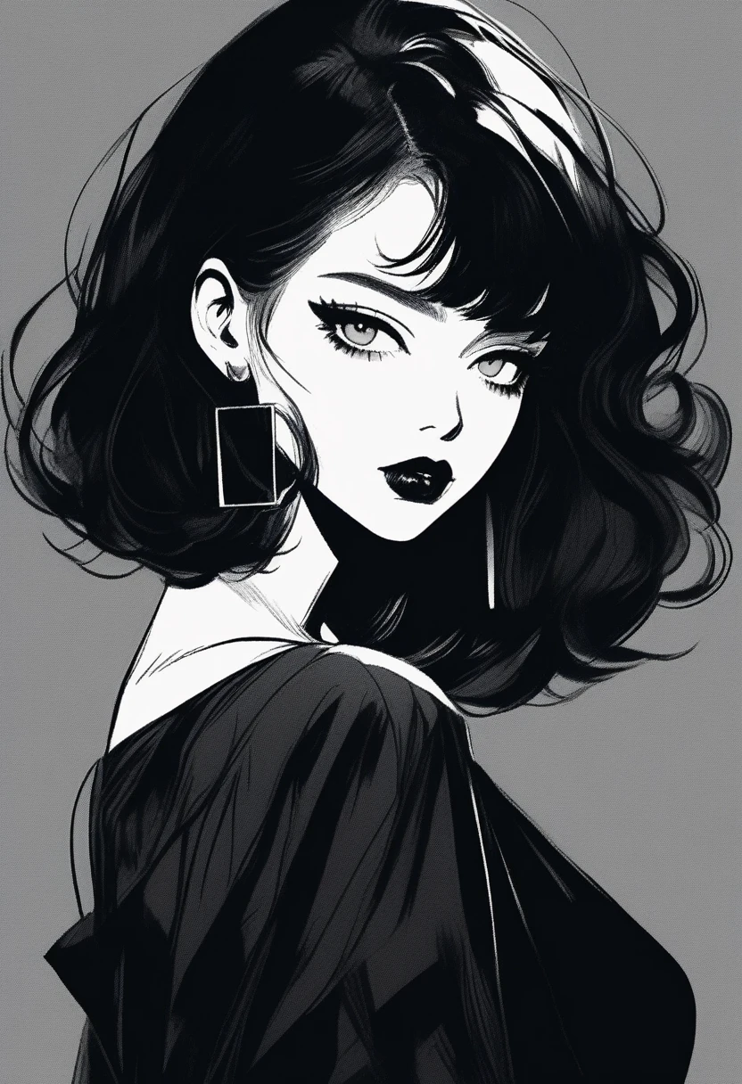 (best quality, sketch:1.2),realistic,illustrator,anime,1 girl, detailed lips, black dress,custom, (background dark monochrome), dark hair,textured cropping, masterpiece, style retro classic, noir dark, art, sketch book, (bob hair black:1.75 neon:1.32), bad women , dark shadows , cleavage