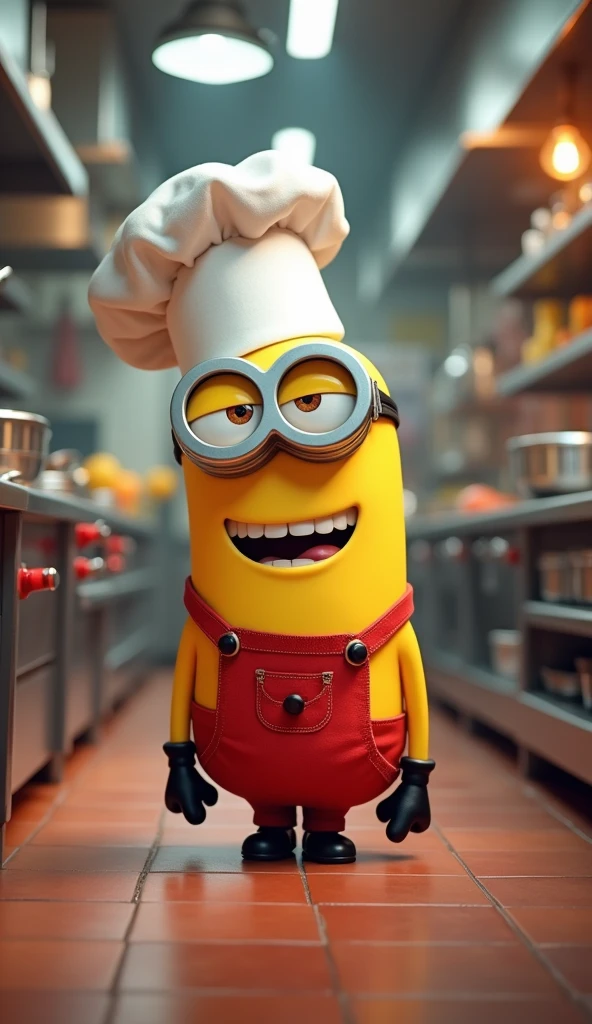 Minion Kevin in kitchen clothes standing in the kitchen