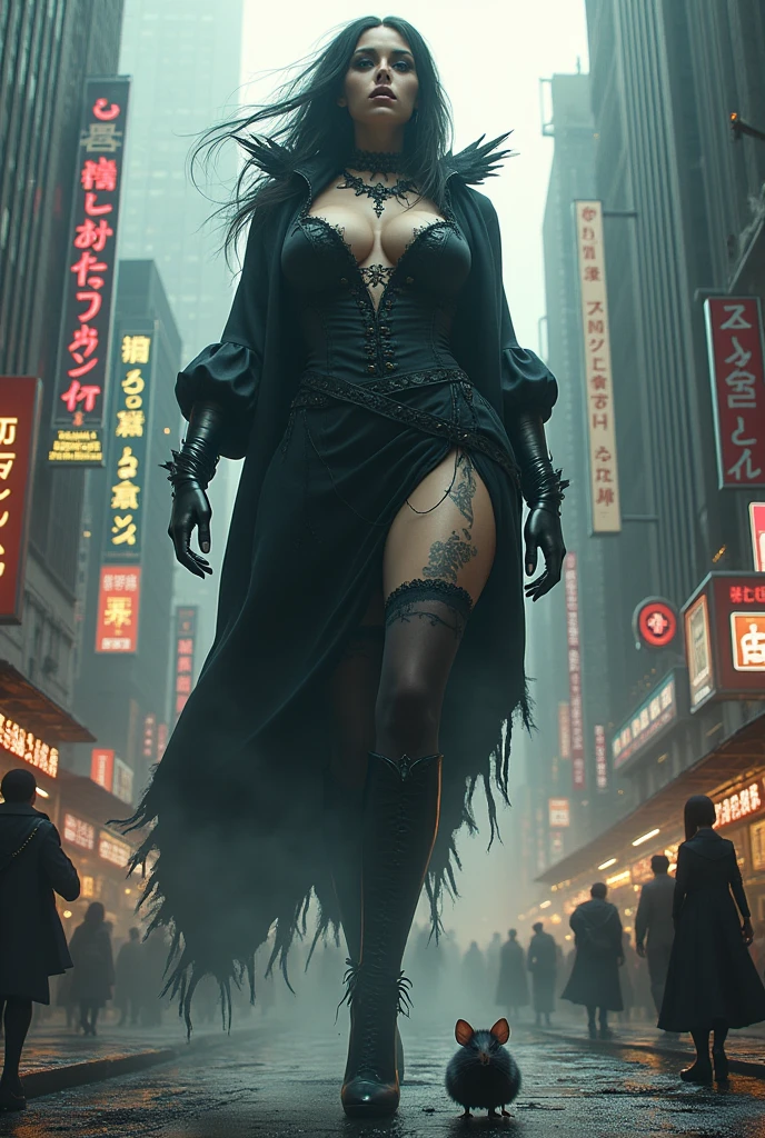 A giant goth with big bust and wide hips who attacks a city while chasing her friend who in comparison is like a little mouse to her sexy and attractive