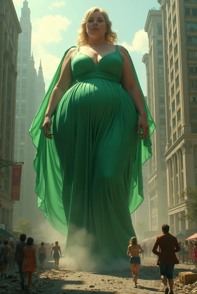 A women wearing green satin elegan her size increases and becomes a giant destroying citys she farts and people are running from her