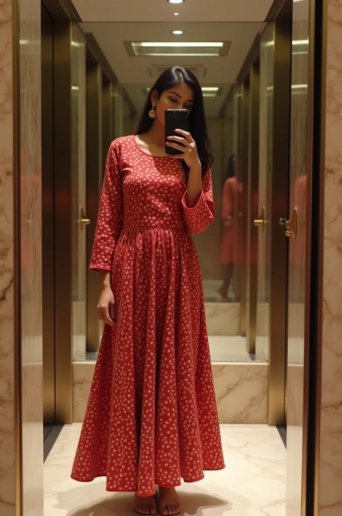 Create a mirror selfie of a woman wearing a traditional red Indian outfit with a white bandhani pattern. The outfit has a round neckline, long sleeves, and a high slit in the front. She is standing in front of an elevator with marble walls on the sides, and the mirror reflects her image. Her face is partially hidden by her phone as she takes the selfie. The image should include the staircase and marble flooring visible in the background, with the overall lighting being natural and warm.
