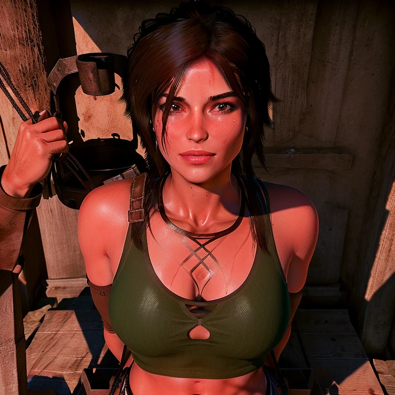 Lara Croft, hyper breasts, Lantern festival, detailing face, detailing body, long sleeve cropped henley shirt (turquoise color), sweaty glistening navel exposed, brown shorts, dirty skin, brown shorts, look up, dirty skin, very sweaty, fingerless gloves, straps, Inside the dungeon, temple, cute smile, lantern in hand, detailing face, pouting lips, full body shot
