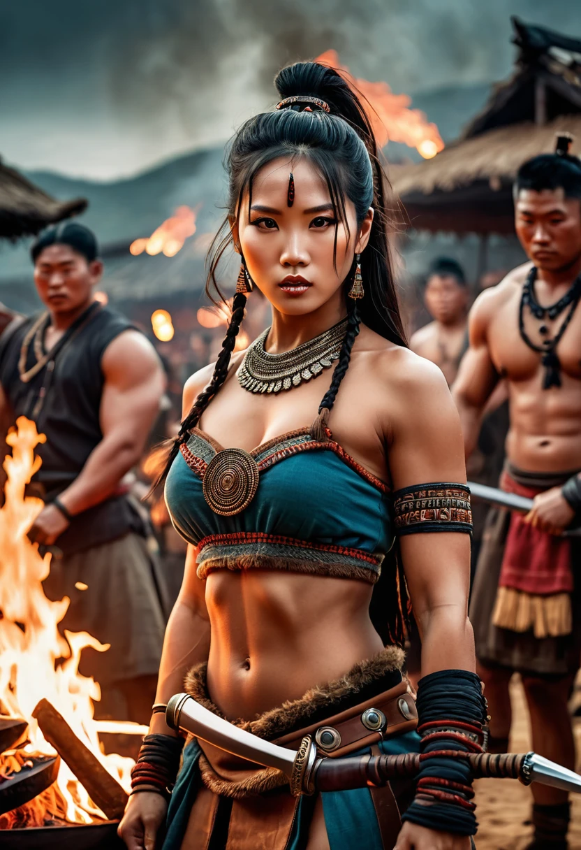 a female barbarian warrior in a korean tribal feast, beautiful detailed eyes, beautiful detailed lips, extremely detailed eyes and face, long eyelashes, muscular body, holding a weapon, wearing tribal jewelry and clothing, surrounded by barbarian tribesmen feasting, large fire pit, hut structures in background, moody dramatic lighting, cinematic composition, detailed fantasy digital art, muted color palette, high contrast
