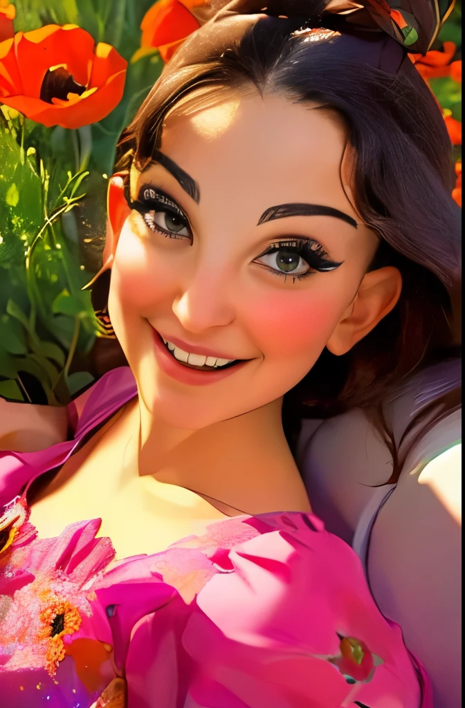 (pixarstyle: 1.25) portrait of a , Natalie Portman, smiles, waist length with flower basket overgrown with poppy flower, natural skin texture, 4k textures, hdr, complex, highly detailed, sharp focus, cinematic look, hyper-detailed