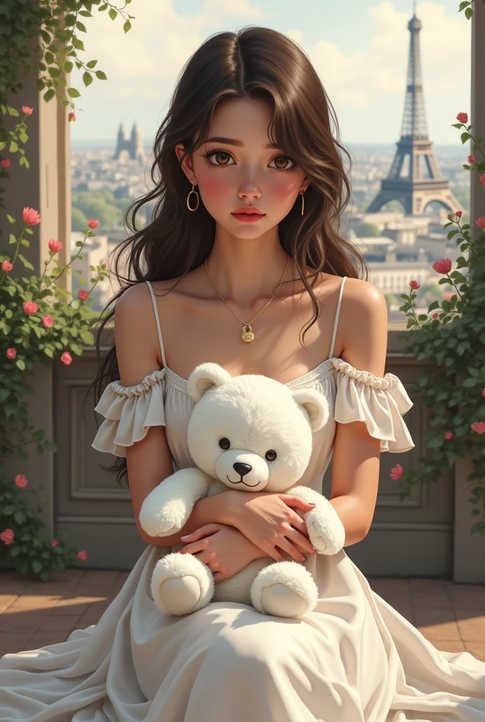  she is so beautiful gril he hand a white teddy she is so cute cute cute cute she sitting a Paris 
cartoon white and dreas but so sad sad sad 