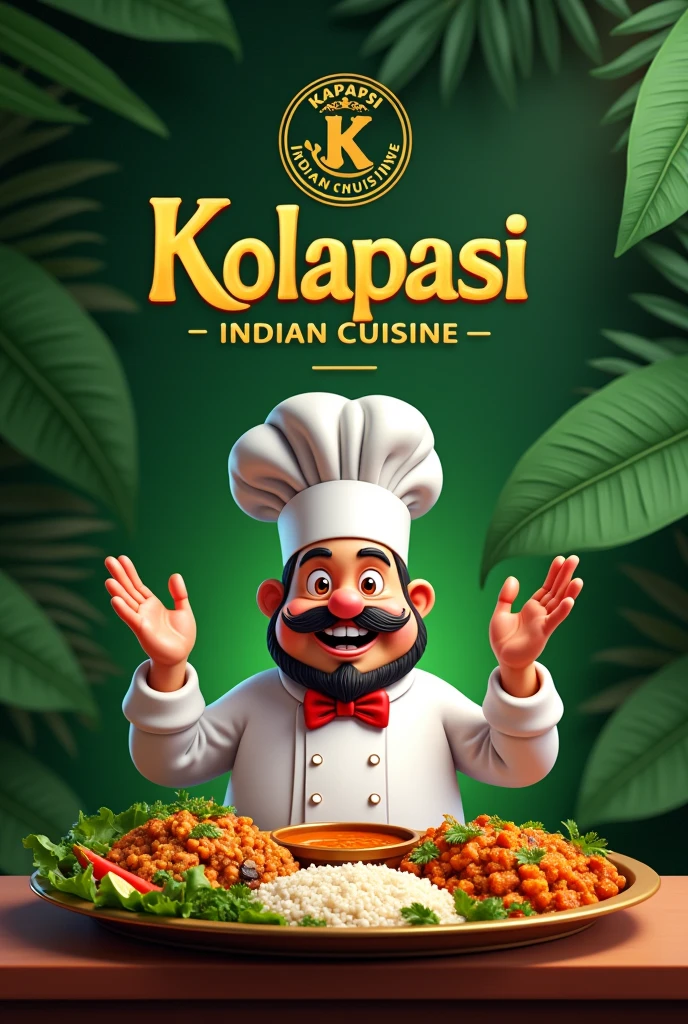 Calssy Banana leaf background with chef meme and with restaurant name kolapasi indian cuisine and thali plate and items