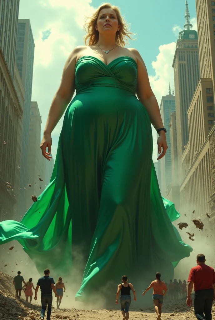 A women wearing green satin elegan her size increases and becomes a giant destroying citys she farts and people are running from her