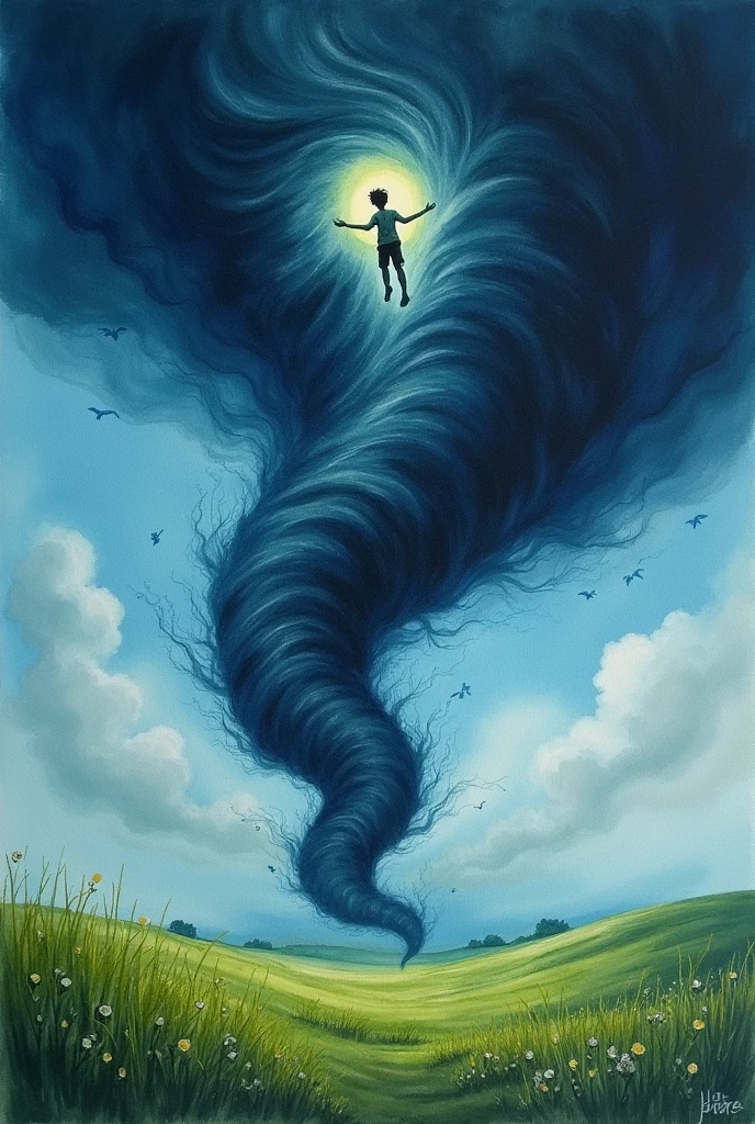A dark-themed watercolor painting set in a lush green meadow under a deep blue sky. A powerful tornado dominates the scene, twisting violently through the landscape. Within the tornado, a young boy is being lifted into the air, surrounded by a glowing halo of light that contrasts with the dark, stormy atmosphere. The meadow's vibrant greens and the intense blue of the sky are overshadowed by the dark, swirling clouds of the tornado. The overall mood is a mix of beauty and danger, with the glowing boy as a focal point amidst the chaotic scene.