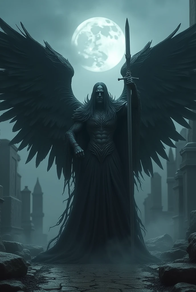 creates an image of a dark angel with imposing wings and exposed anatomical details, standing in a defiant stance on an ancient stone floor. The scene is illuminated by the light of a full moon filtering through the clouds in an abandoned cemetery.. The overall tone conveys a mix of dark power and ancient mystery.. The angel wings are large and detailed, with almost realistic feathers. The angel is standing with one arm raised, holding a flaming sword, while the other arm is extended forward, as if he was protecting something. The moonlight emits a soft glow that slightly illuminates the figure of the angel.. The color palette consists of dark and muted tones., predominantly black and dark blue. The wings are pearly black., contrasting with the dark background. The angel's skin is a grayish tone, almost translucent, standing out in the gloomy surroundings. The floor is an ancient stone pattern, and the lighting is soft and diffuse, creating deep shadows and a mysterious atmosphere. The background is dark and hazy, adding an air of introspection and mystery to the scene, recalling the intense and supernatural atmosphere of 'Constantine'.