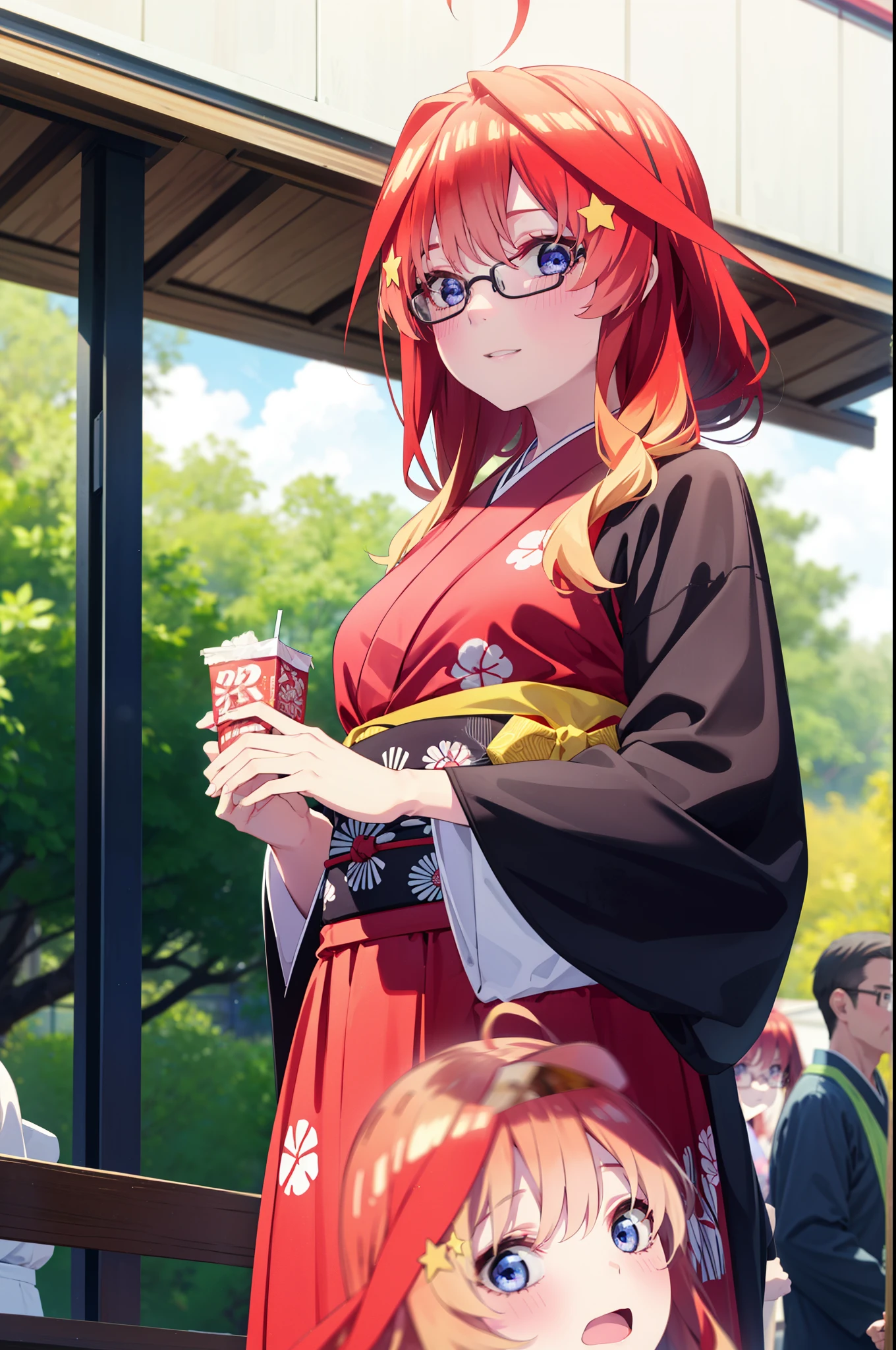 itsukinakano, Itsuki Nakano, bangs, blue eyes, Hair between the eyes, Ahoge, Redhead, star \(symbol\), hair ornaments, star hair ornaments,花のhair ornaments,Black-rimmed glasses,hair tied back,smile,blush,Open your mouth,night,Red Kimono,Long skirt,He is holding cotton candy in his right hand and a clear bag full of cotton candy in his left hand.,Japanese Festivals,Summer festival food stalls,Red lantern,whole bodyがイラストに入るように,
break looking at viewer,whole body, (Cowboy Shot:1. 5),
break outdoors, Veranda,
break (masterpiece:1.2), Highest quality, High resolution, unity 8k wallpaper, (figure:0.8), (Beautiful attention to detail:1.6), Highly detailed face, Perfect lighting, Highly detailed CG, (Perfect hands, Perfect Anatomy),