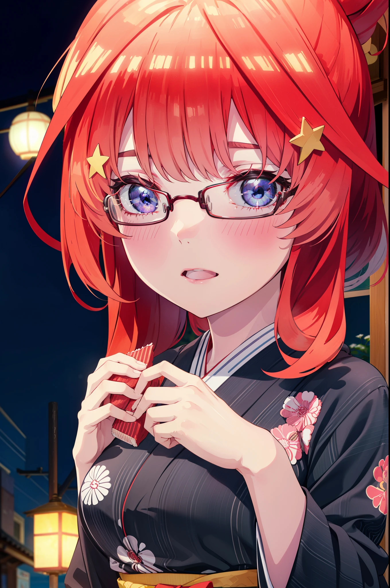 itsukinakano, Itsuki Nakano, bangs, blue eyes, Hair between the eyes, Ahoge, Redhead, star \(symbol\), hair ornaments, star hair ornaments,Akagi Glasses,smile,blush,Happy atmosphere,Open your mouth,Long Hair,Tie your hair back,red kimono,,Thick sleeves,Sandals,White tabi,night空の花火,Fireworks display,Japanese Festivals,Summer festival food stalls,Red Lantern, night,whole bodyがイラストに入るように,Looking down from above,Holding cotton candy in his right hand and eating it,
break outdoors, shrine,                                              break looking at viewer,whole body,
break (masterpiece:1.2), highest quality, High resolution, unity 8k wallpaper, (shape:0.8), (Beautiful and beautiful eyes:1.6), Highly detailed face, Perfect lighting, Extremely detailed CG, (Perfect hands, Perfect Anatomy),