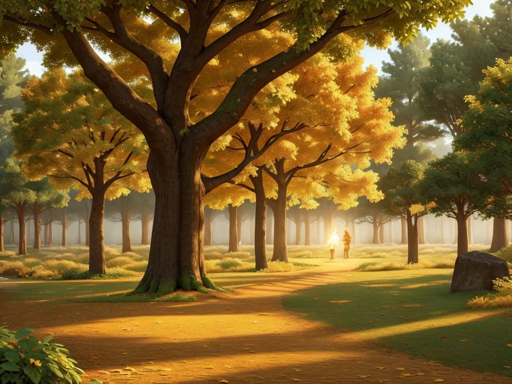 A glowing clearing appears, revealing the majestic magical tree with golden leaves.