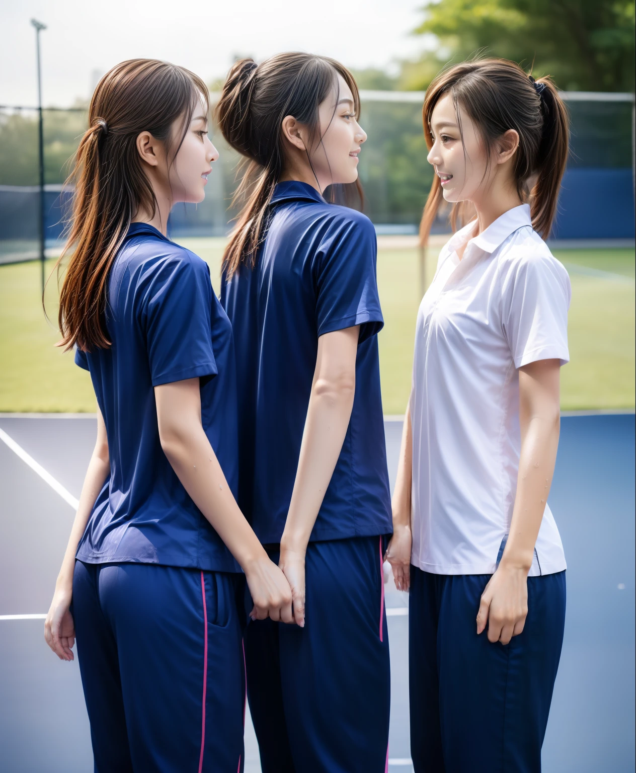 3 girls play tennis at tennis courts, Navy blue short-sleeved shirt,Navy Long Trackpant,Sweatpants, Sweatpantsขายาว,2 girl, lesbian, sexy, exercise clothes, wet body, exercise clothes