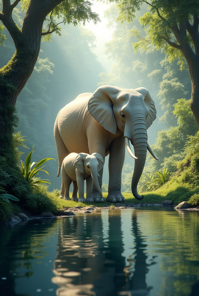 A white elephant with its calf drinking water at a pond in the jungle