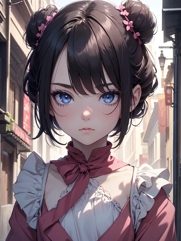 (8K, Best Quality, Masterpiece, Ultra High Resolution) Single Person, 1 Girl, Young, , Cute Eyes, Face Details, Pale Skin, Slender, Short, Flat Chest, Dark Black Hair, Hair Buns, Blue Eyes, Pink Eyeshadow, Hair Bow, Dark Alleyway, Best Quality, Upper Body, Looking at the Viewer, Facing Viewer, Close Up