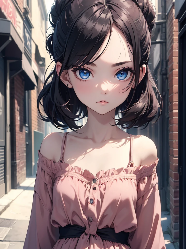 (8K, Best Quality, Masterpiece, Ultra High Resolution) Single Person, 1 Girl, Young, Child, Cute Eyes, Face Details, Pale Skin, Slender, Short, Flat Chest, Dark Black Hair, Hair Buns, Blue Eyes, Pink Eyeshadow, Hair Bow, Dark Alleyway, Best Quality, Upper Body, Looking at the Viewer, Facing Viewer, Close Up