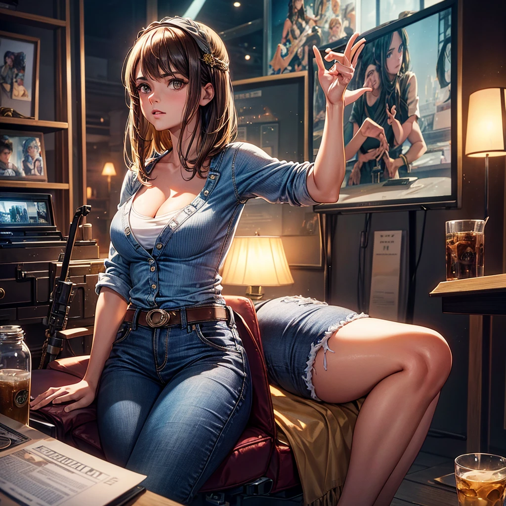 Photo of Jenna Coleman sitting at a Comic-Con panel, (Wearing jeans and a tight shirt),(Cleavage), extremely high quality RAW photograph, Detailed Background, Complex, Exquisite detail and texture, Very detailed, Super detailed photos, Warm lighting, Art Station, 4K, Sharp focus, High resolution, Detailed skin, Detailed eyes, 8K Ultra HD, Digital SLR, high quality, Film Grain, Fujifilm XT3,