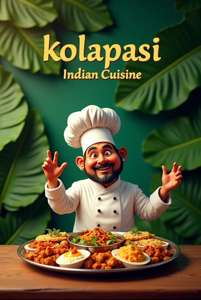 Calssy Banana leaf background with chef meme and with restaurant name kolapasi indian cuisine and thali plate and items